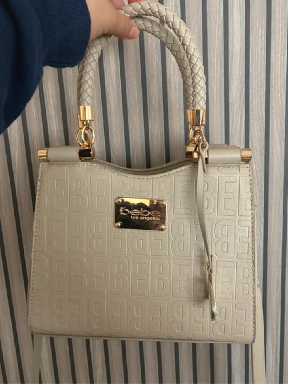bebe Cream Embossed Logo Top-Handle Satchel with Gold Hardware